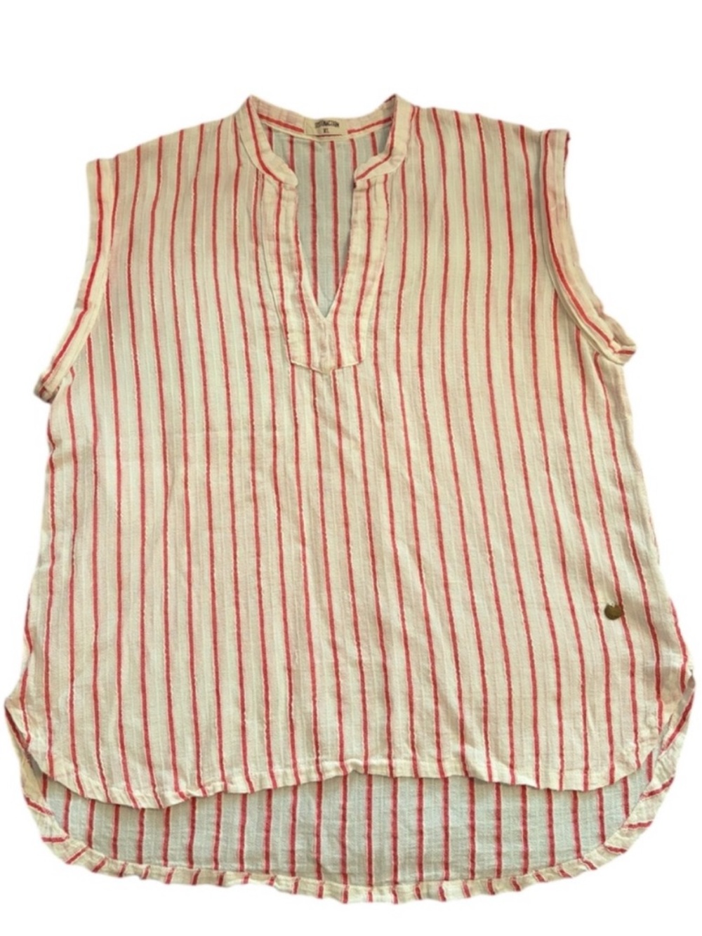 Striped Cuffed Sleeveless Blouse V-Neck Cream Red Systemaction Size XL